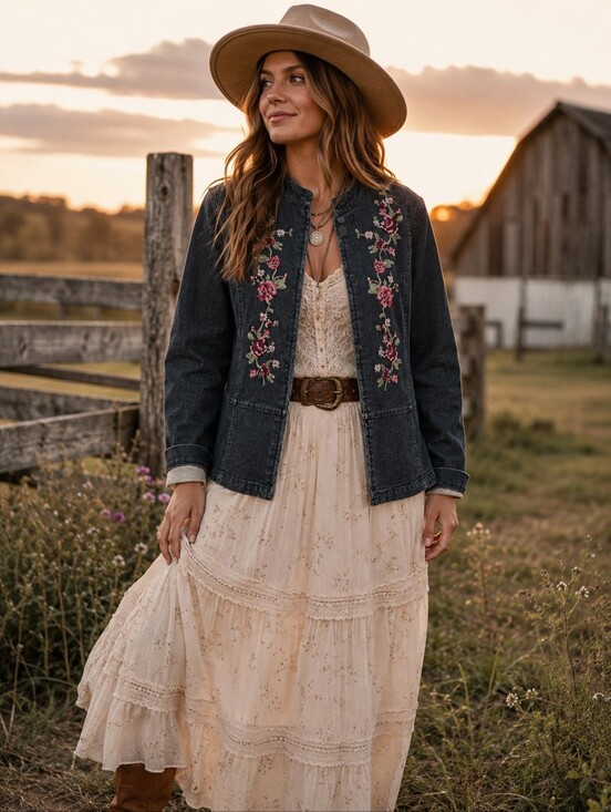 Northern Reflections Jackets & Blazers - Vintage Floral Embroidered Denim Jacket Boho Prairie Folk XL